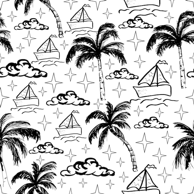 Beach pattern black and white ship wave star palm tree