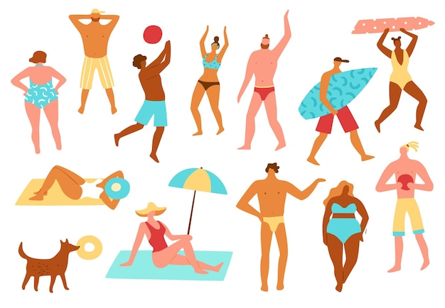 Beach people Summer men or women in bikinis and swimming trunks Characters with surfboards and hats Sunbathing or relax Persons play with ball and surfing Vector set of seashore resort