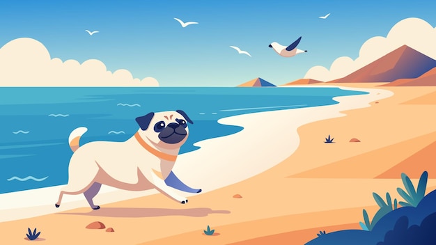 Sulla spiaggia un pug giocoso corre dentro e fuori dalle onde inseguendo i gabbiani e scavando nella sabbia