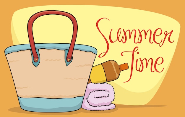 Beach purse with sunscreen lotion and towel in Summer poster