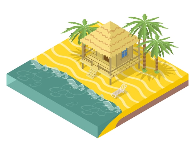 Недвижимость на пляже. дом с пальмами в океане в изометрической проекции