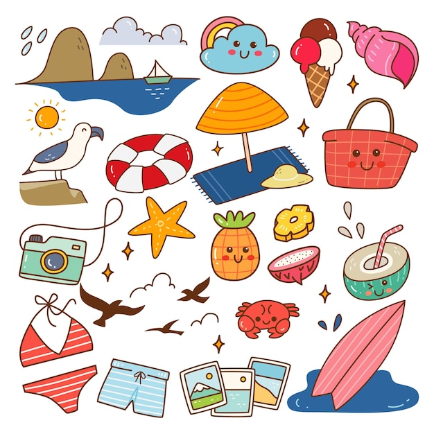 Beach Related Object Kawaii Doodle Vector Illustration