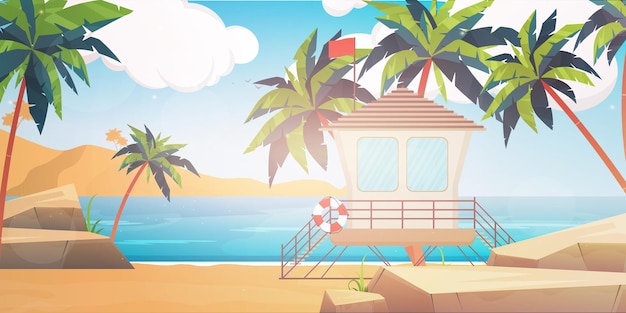 Beach rescue post Beach palm trees lifebuoy Cartoon style vector illustration