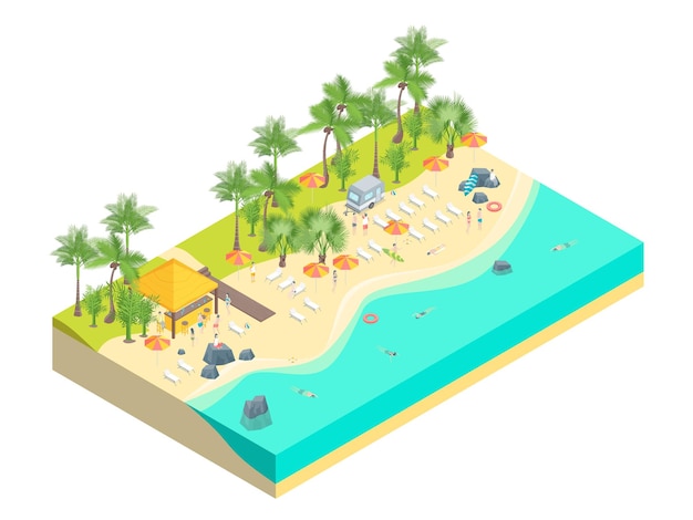 Beach Rest Concept 3d Isometric View Travel and Tourism Season Holiday Vector illustration of Summer Time Vacation