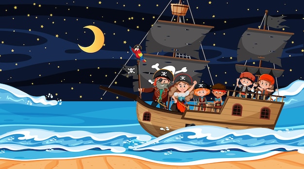 Scena della spiaggia di notte con i bambini pirati sulla nave