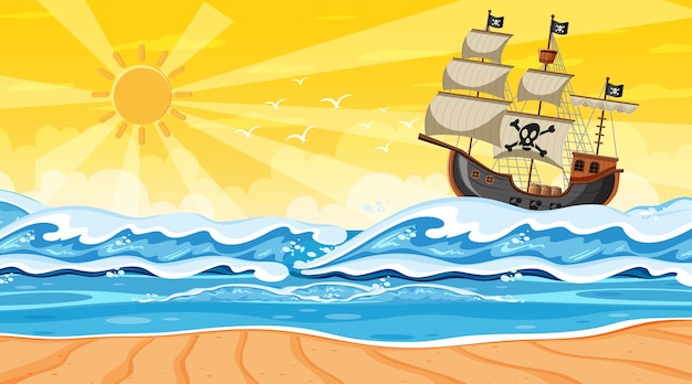 Beach scene at sunset time with Pirate ship in cartoon style