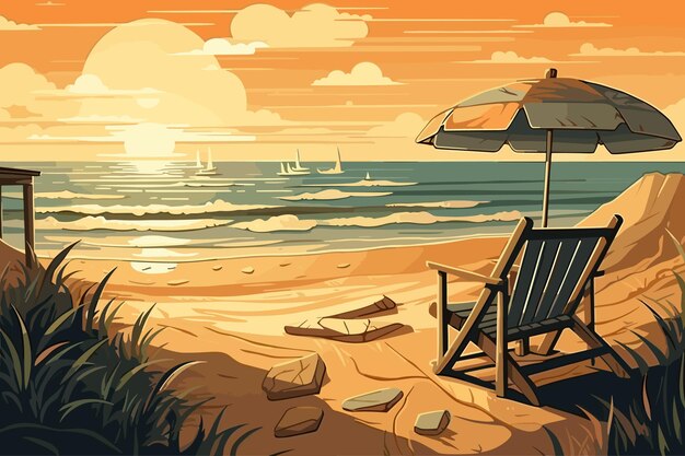 A beach scene with a beach chair and umbrella.