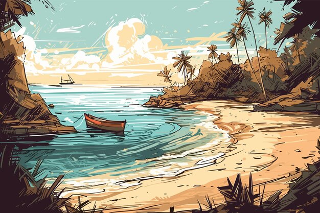 A beach scene with a boat and palm trees.