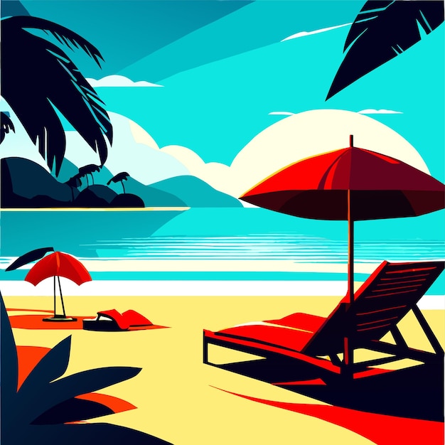 Beach scene with chair and umbrella