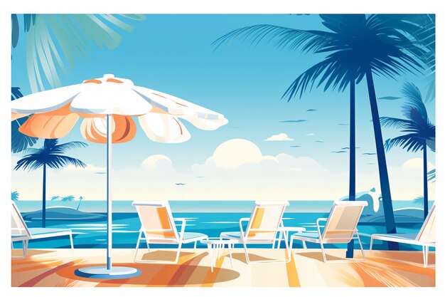 Vector a beach scene with chairs and an umbrella