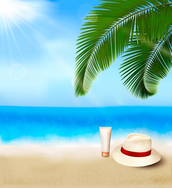 A beach scene with a hat and a palm tree on the sand.