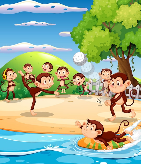 Beach scene with little monkeys doing different activities