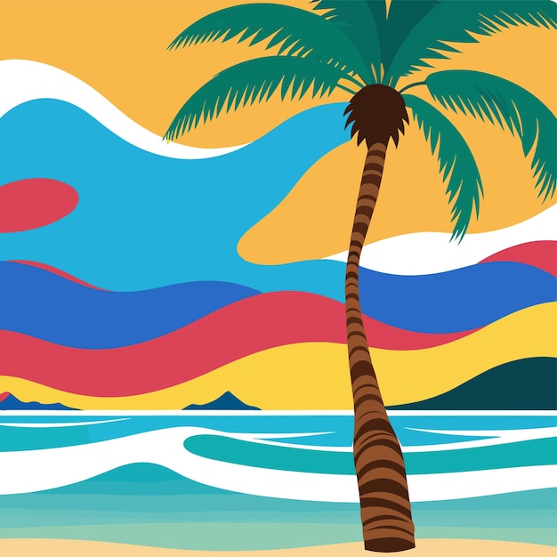 A beach scene with a palm tree on the beach.