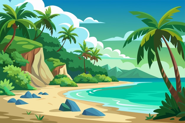 Vettore una scena sulla spiaggia con palme e una scena sulla costa