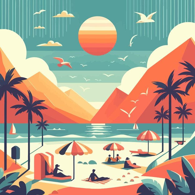 Vector a beach scene with palm trees and a beach scene