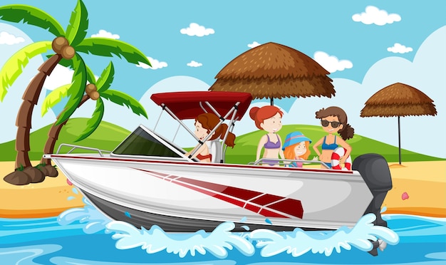 Vector beach scene with people on a speed boat