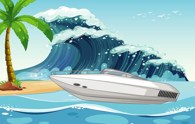 Beach scene with speed boat on sea wave