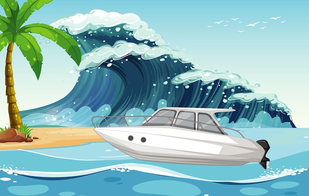 Beach scene with speed boat on sea wave