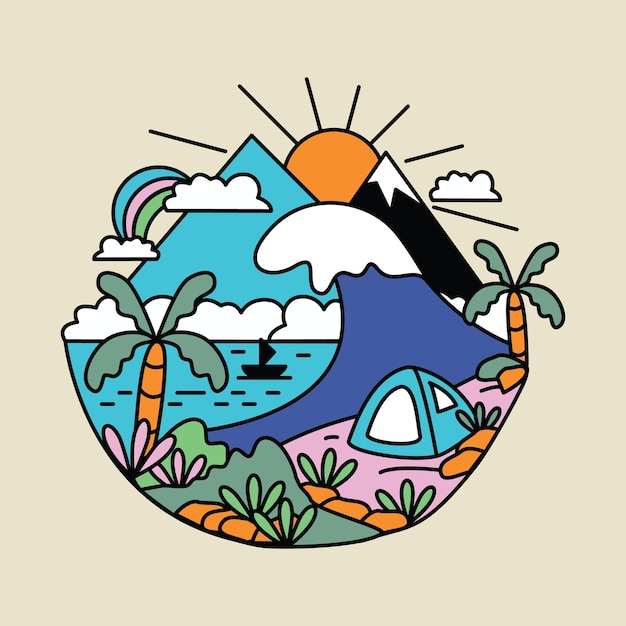 해변 바다 캠핑 자연 모험 서핑 그레이트 웨이브 그래픽 일러스트 아트 티셔츠 디자인