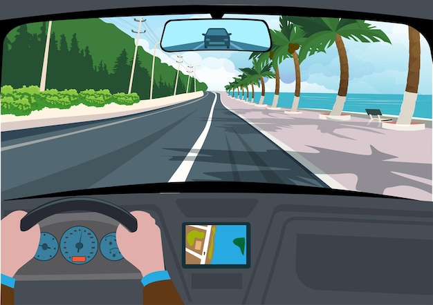 Vettore spiaggia vista mare dall'interno dell'auto attraverso il parabrezza vettore cartone animato scenario della costa dell'autostrada