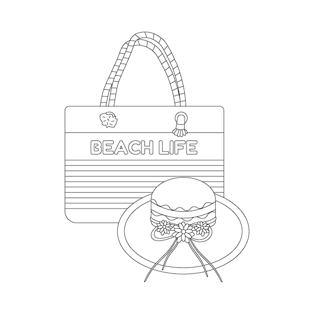 Beach set for summer trips Bag hat Flat vector illustration Line art