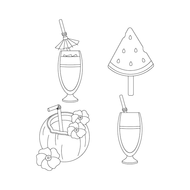 Beach set for summer trips Cocktail coconut watermelon ice cream Line art