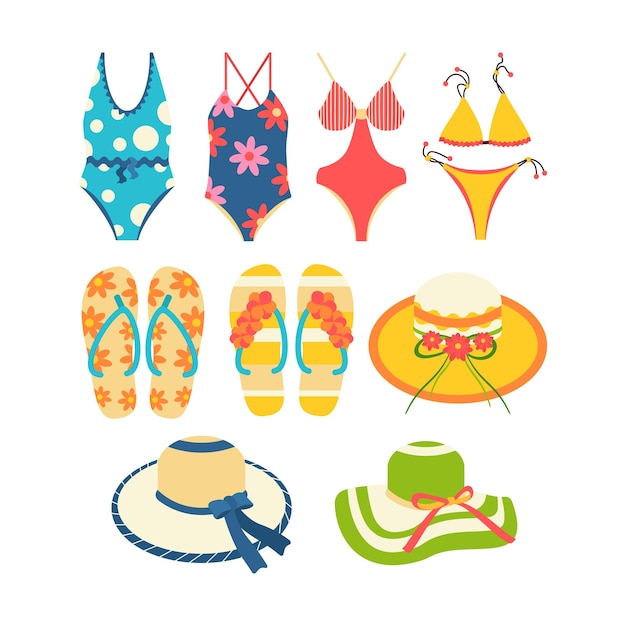 Vector beach set for summer trips hat swimsuit slippers flipflops