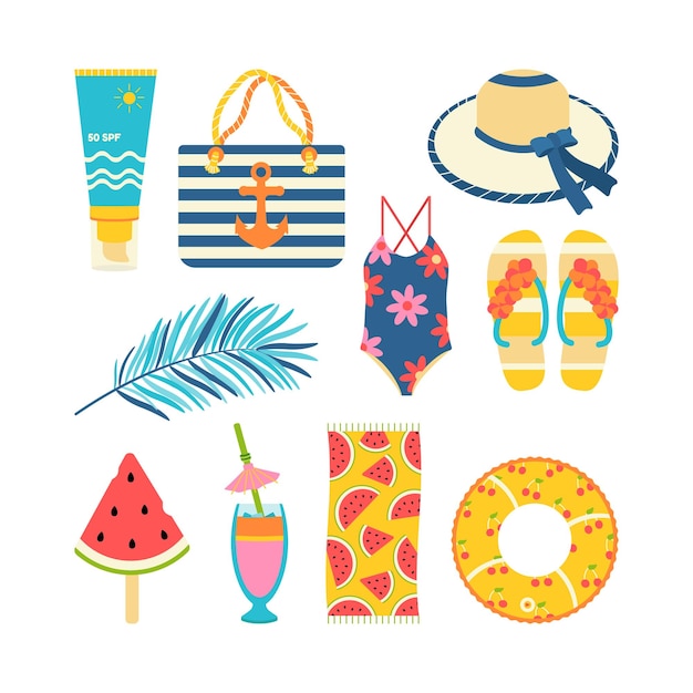 Vector beach set for summer trips sun cream bag hat cocktail swimsuit slippers flipflops inflatable circle