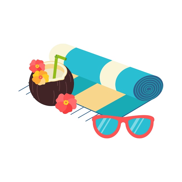 Beach set for summer trips Sunglasses cocktail coconut towel