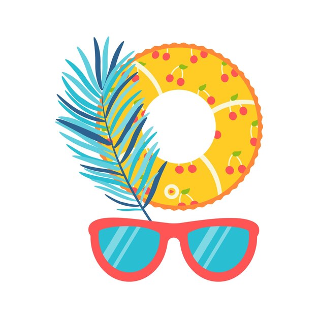 Beach set for summer trips Sunglasses palm leaves inflatable circle