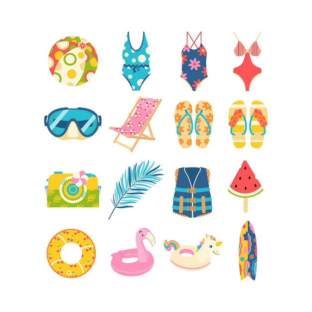 Beach set for summer trips Swimsuit flipflops camera inflatable circle flamingo unicorn surfboard