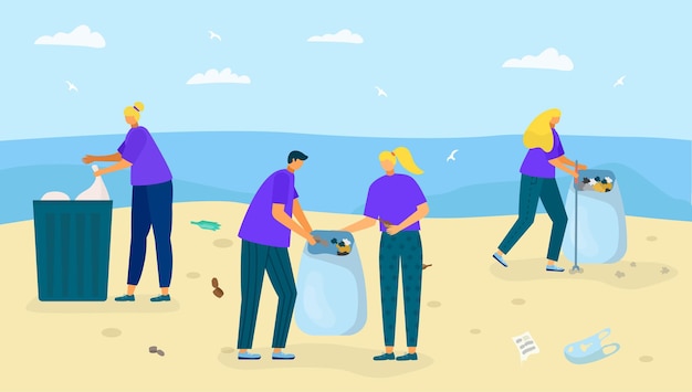 Vector beach shore with garbage vector illustration people character collect waste near ocean cleaning natu...