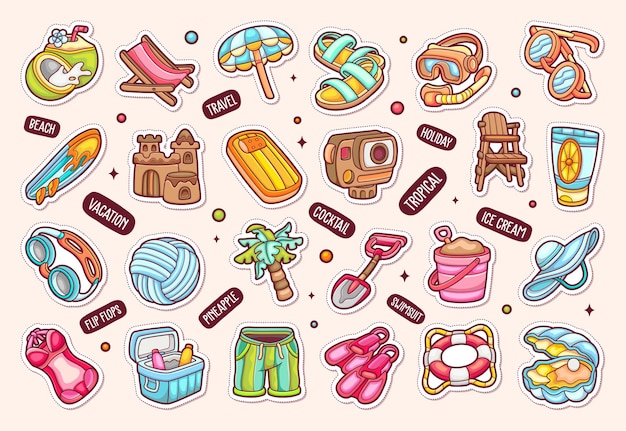 Vector beach sticker icons hand drawn coloring vector