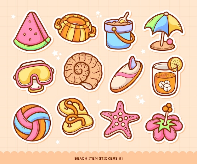 Beach stickers doodle color vector collection