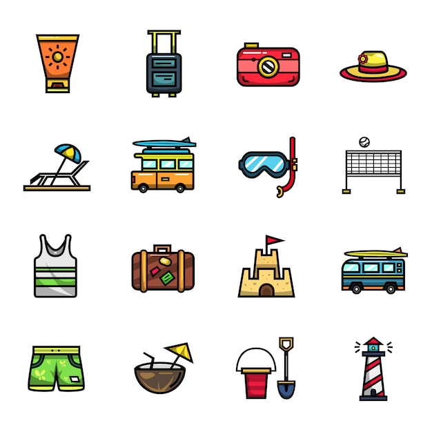 Beach Summer Holiday Elements Full Color  Icon Set  