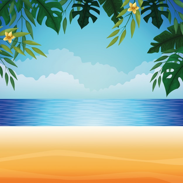 Vector beach and summer view scenery cartoon