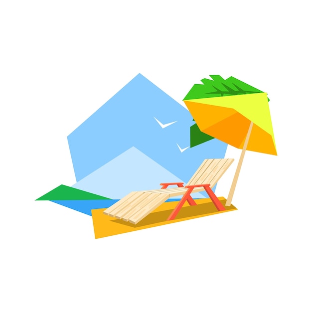 Beach Sunbed And Umbrella Flat Colorful Vector Illustration In Primitive Geometric Style Isolated On White Background