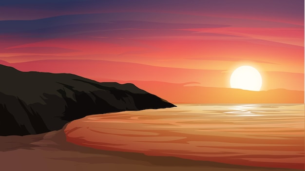 Vector beach sunset landscape with rock