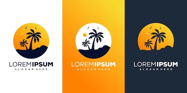 beach sunset and palm logo design