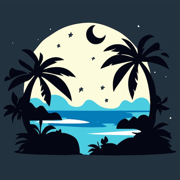 Vector beach sunset palms tropical island hand drawn flat stylish mascot cartoon