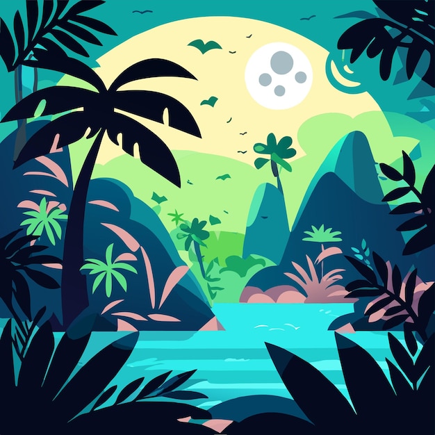 Вектор Закат на пляже, пальмы на тропическом острове, рисованный вручную, стильный мультфильм о талисмане.