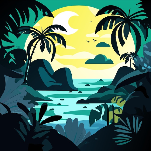 Vector beach sunset palms tropical island hand drawn flat stylish mascot cartoon