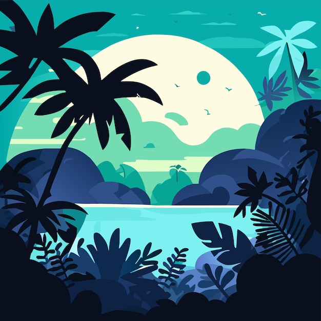 Vector beach sunset palms tropical island hand drawn flat stylish mascot cartoon