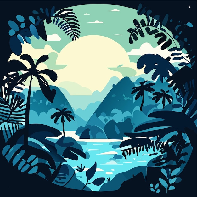 Вектор Закат на пляже, пальмы на тропическом острове, рисованный вручную, стильный мультфильм о талисмане.