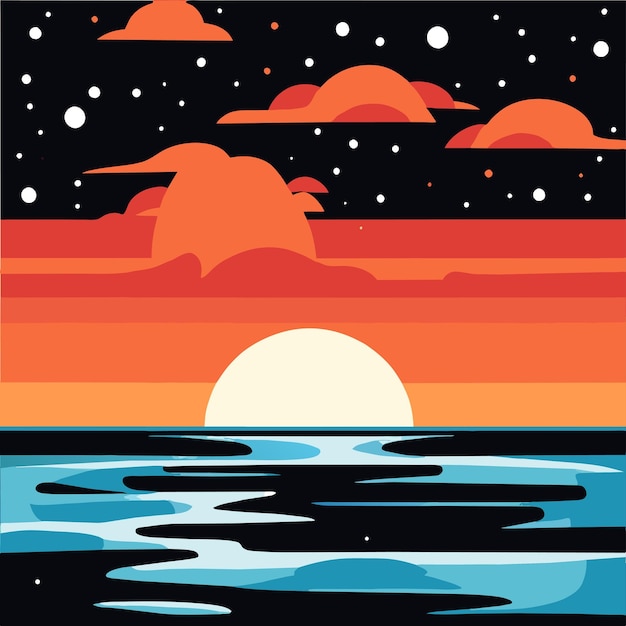 Vettore beach sunset retro disegnato a mano piatto elegante mascotte personaggio di cartone animato disegno adesivo icon concept