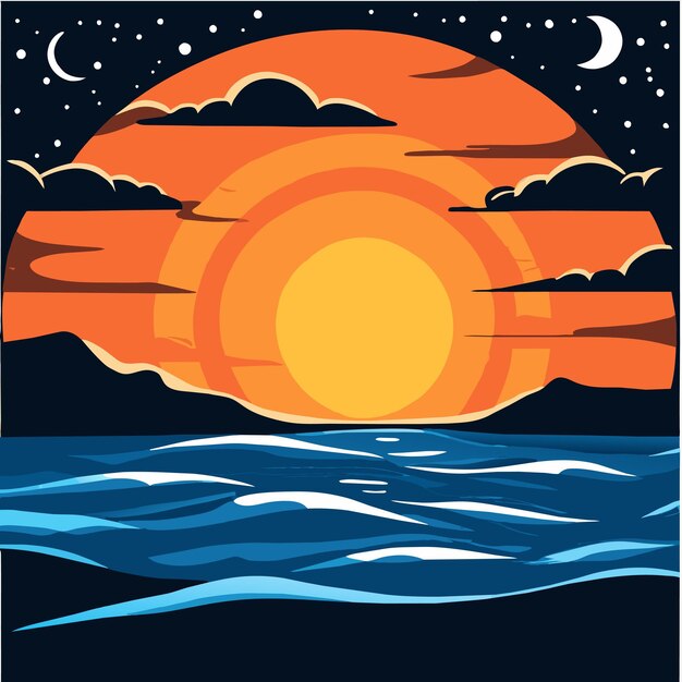 Vettore beach sunset retro disegnato a mano piatto elegante mascotte personaggio di cartone animato disegno adesivo icon concept