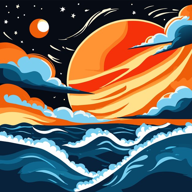 Vettore beach sunset retro disegnato a mano piatto elegante mascotte personaggio di cartone animato disegno adesivo icon concept