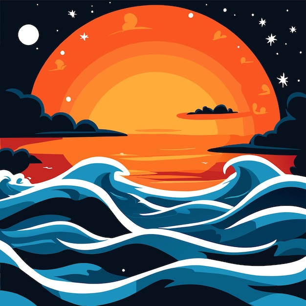 Beach sunset retro disegnato a mano piatto elegante mascotte personaggio di cartone animato disegno adesivo icon concept