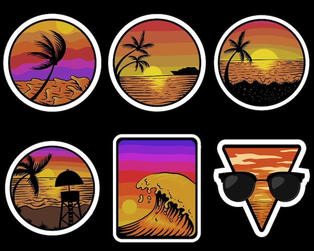 Beach sunset retro stickers   illustration