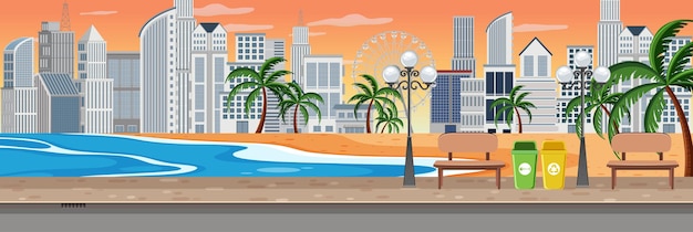 Beach at sunset scene with cityscape horizontal background